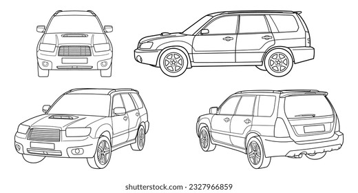 Conjunto de suv car clásico. Imagen de vista diferente del coche de Crossover: lateral, delantero, trasero y 3d. Ilustración vectorial del doodle de esquema. Diseño para la impresión, libro de colorear