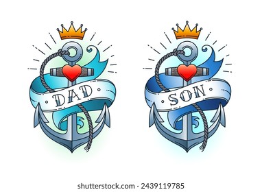 Set of Classic tattoo. Anchor with rope and ribbon with the words - dad and son. Classic old school American retro tattoo. Vector illustration.