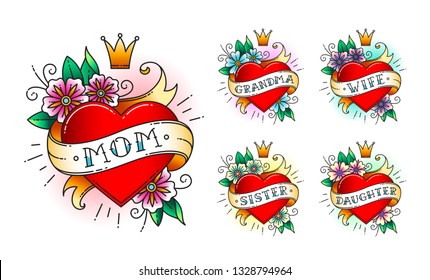 Set of Classic tattoo heart with flowers, crown and  ribbon with words -  mom, grandma, wife, sister, daughter. Classic old school American retro tattoo. Vector illustration.