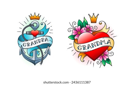 Set of Classic tattoo. Heart with flowers and ribbon with the word grandma. Anchor with rope and ribbon with the word grandpa.  Classic old school American retro tattoo. Vector illustration.