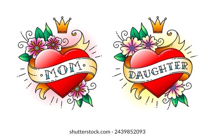 Set of Classic tattoo. Heart with flowers and ribbon with the words mom and daughter. Classic old school American retro tattoo. Vector illustration.