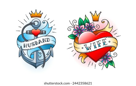 Set of Classic tattoo. Heart with flowers and ribbon with the word wife. Anchor with rope and ribbon with the word husband. Classic old school American retro tattoo. Vector illustration.