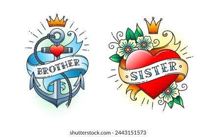 Set of Classic tattoo. Heart with flowers and ribbon with the word sister. Anchor with rope and ribbon with the word brother.  Classic old school American retro tattoo. Vector illustration.