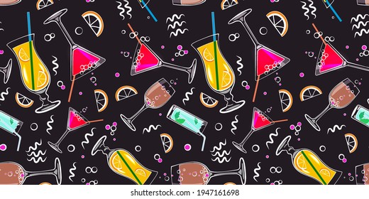 Set of classic, tropical cocktails Mixed alcoholic, non-alcoholic drink. Pattern stickers with the image of cocktails in a nightclub on a dark background