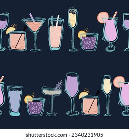 Set of classic, tropical cocktails Mixed alcoholic, non-alcoholic drink. Pattern stickers with the image of cocktails in a nightclub on a dark background