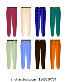 Set of classic trousers for men different color. Flat design Vector