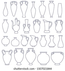 Set of classic urns, greek vases and amphorae. Outline design of antique jugs, isolated on white background. Traditional pots and household utensils for promoting your flowers,  food, drinks, etc.