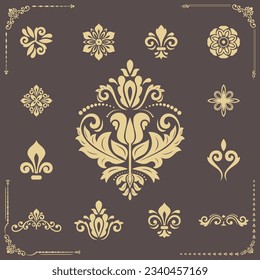 Set of classic vector patterns. Collection of orient ornaments. Classic brown and yellow vintage backgrounds. Orient patterns