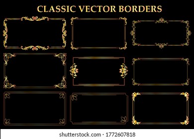 Conjunto de marcos vintage clásicos con un hermoso filigree sobre fondo negro, marcos decorativos, ilustración vectorial