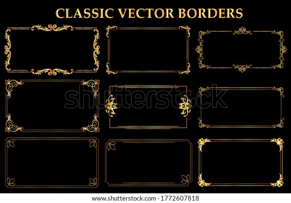 Set of\
classic vintage frames with beautiful filigree on black background,\
decorative frames, vector\
illustration