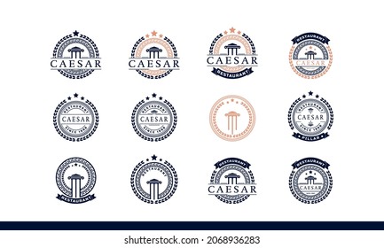 Set of Classic Vintage Retro Label Badge Ancient Greek Coin with Pillar Column, Laurel Wreath, Border Pattern Emblem Logo Design Template