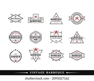 Set of Classic Vintage Retro Label Badge for Grill Barbeque Barbecue BBQ with Crossed Fork and Fire Flame Logo Design Inspiration