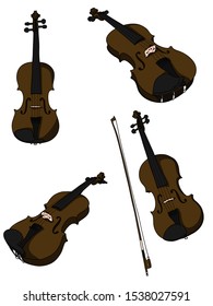 Set of classic violin with bow vector. Vector violin and bow isolated on white background, different angles