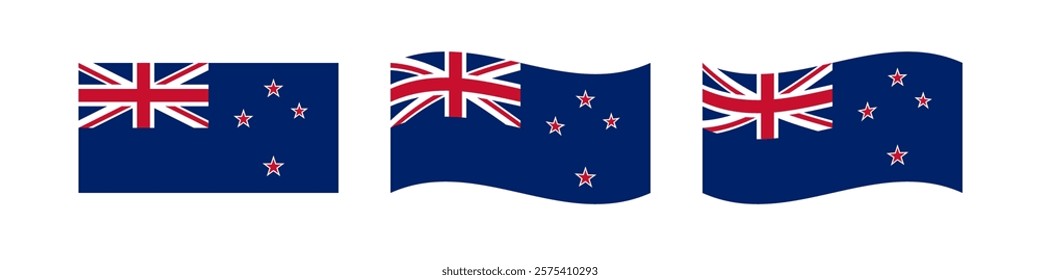 Set of classic and waving flags of New Zealand. Design elements. Clip art collection. Flat and 3D template. Creative NZ flag. Blank concept. Isolated badge or banner. Internet button. Flag icons.