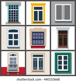 A set of classic windows for buildings (exterior). Vector illustration of a flat design.