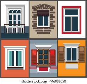 A set of classic windows for buildings (exterior). Vector illustration of a flat design. EPS 10.