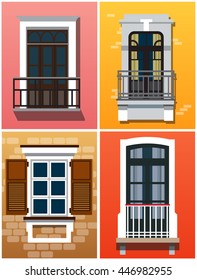 A set of classic windows for buildings (exterior).Vector illustration of a flat design. EPS 10.