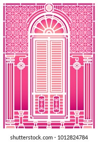 A set of classic windows and doors. building old town. white paper cut.