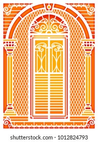 A set of classic windows and doors. building old town. white paper cut.