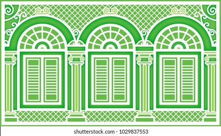 A set of classic windows and doors. building old town. white paper cut.