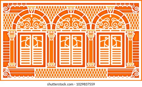 A set of classic windows and doors. building old town. white paper cut.