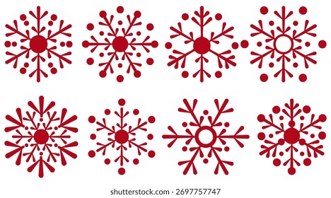 Set klassischer Winterschneeflocken mit sechs Punkten. Vektor einzelne hellrote Silhouetten. Traditionelle Frostsymbole für das neue Jahr. Eine Auswahl von Vektorsymbolen verschiedener Formen im flachen Stil. Weihnachtsdruck