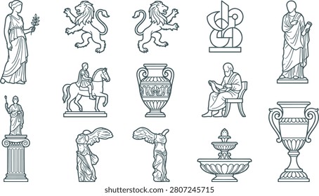 Set of classical antiquity featuring greek statues, roman lions, horse rider, fountains, and decorative vases in minimalist line