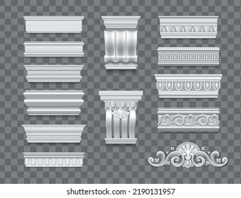 Set of classical architectural isolated elements for interior and building walls decor on transparent background realistic vector illustration