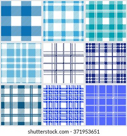 Set of classical checkered seamless patterns. Plaids, tartans, shirt fabric, tablecloths. Retro textile collection. Blue shadows palette. 