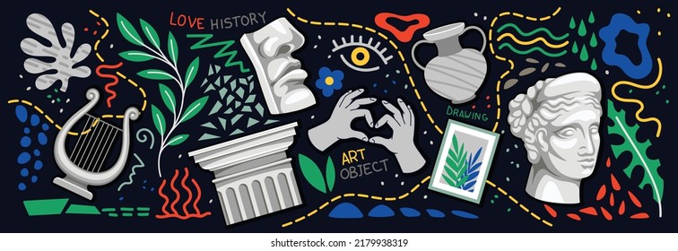 Set of classical and contemporary art objects. Medieval marble monuments, sculptures and busts, paintings, musical instruments and vases. Cartoon flat vector collection isolated on black background