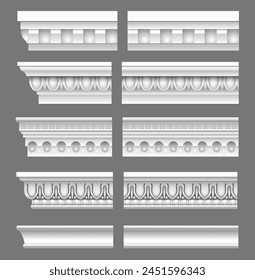 A set of classical cornices for the walls of buildings. Stucco molding. Vector graphics