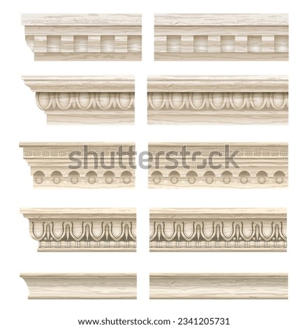 A set of classical cornices for the walls of buildings. Stucco molding. Vector graphics