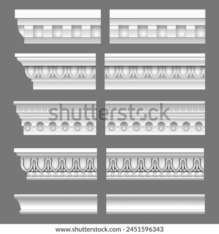 A set of classical cornices for the walls of buildings. Stucco molding. Vector graphics