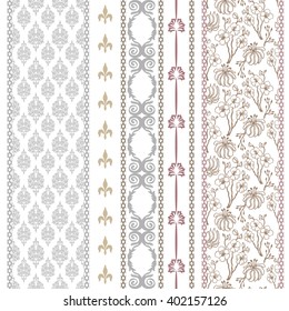 Set of classical damask borders with bohemian motifs. Hand drawn seamless floral pattern, baroque ornaments, French royal lilies. Vintage textile collection. Golden, silver shadows on white. 
