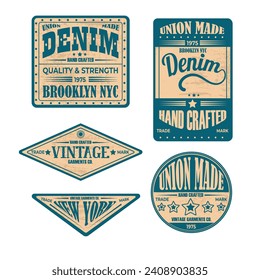 Set of classical denim jeans labels. Vintage trendy printable templates for denim clothes.