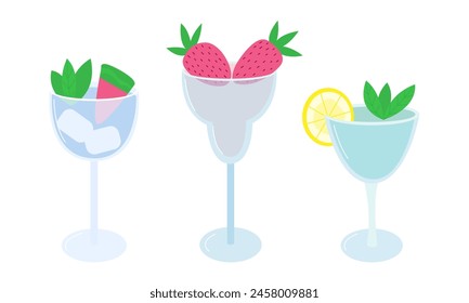 Set of classical drinks in different types of glasses in flat style. Margarita, watermelon alcoholic cocktail, gin tonic