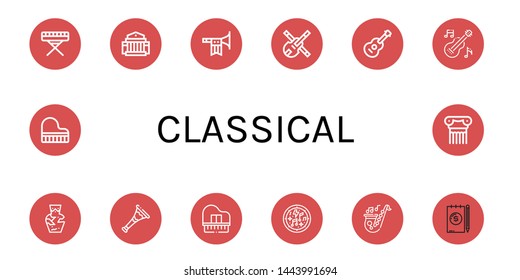 Set of classical icons such as Piano, Museum, Trumpet, Violin, Guitar, Amphora, Musical notes, Saxophone, Note, Grand piano, Column , classical