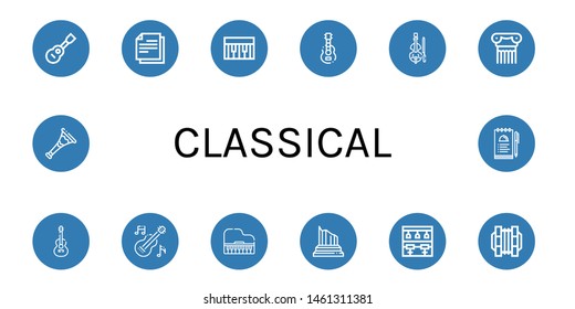 Set of classical icons such as Viola, Note, Piano, Guitar, Violin, Column, Bar stool, Concertina, Trumpet, Notes , classical