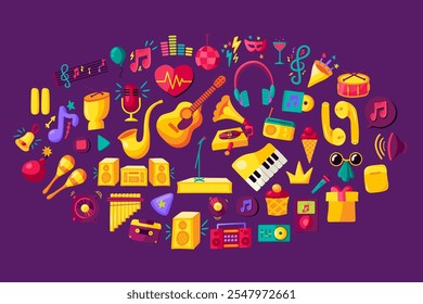 Set of classical and modern musical instruments assembled into large composition. Guitar, drum, saxophone, music scene, piano, melodies, notes and disco elements. Big vector collection