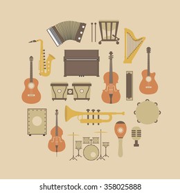 set of classical music instrument icon, retro style