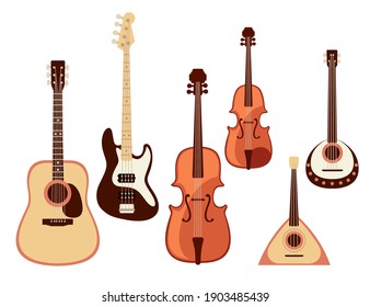 Set of classical musical instrument violin guitar balalaika collection cartoon design vector illustration