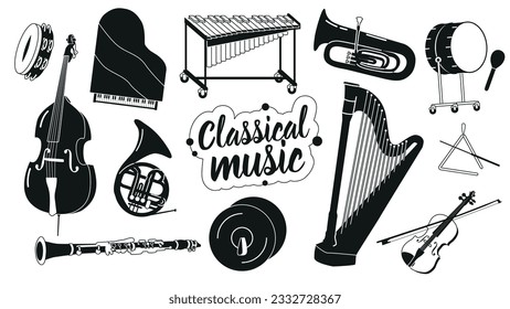 Set Of Classical Musical Instruments Black And White Icons. Tambourine, Grand Piano, Xylophone And Trumpet
