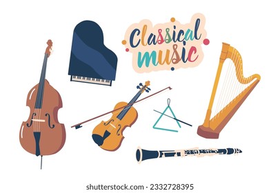 Set Of Classical Musical Instruments. Grand Piano, Cello And Harp Or Violin, Double Bass And Triangle With Clarinet