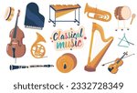 Set of Classical Musical Instruments. Tambourine, Grand Piano, Xylophone and Trumpet. Drum, Cello and Pipe with Plates