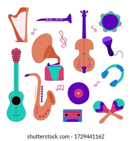 Set classical musical instruments: tambourine, harp, guitars, violin, trumpet, flute, maracas, saxophone, gramophone, ukulele, instruments cartoon vector. Modern trendy flat illustration 