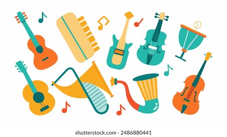 Set classical musical instruments: tambourine, harp, guitars, violin, trumpet, flute, maracas, saxophone, gramophone, ukulele, instruments cartoon vector. Modern trendy flat illustration