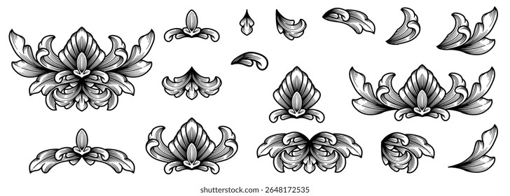 Set Classical ornament decorative design tattoo black and white. Flourishes, floral, scroll, filigree, calligraphic heraldic shield, Filigree element. Vintage Baroque Victorian frame border vector 