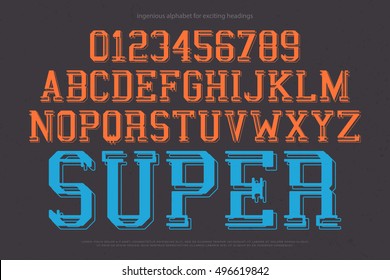 set of classical style alphabet letters and numbers on dark background. vector font type template. retro, bold lettering icons. vintage, ornamental typesetting. old typeface design