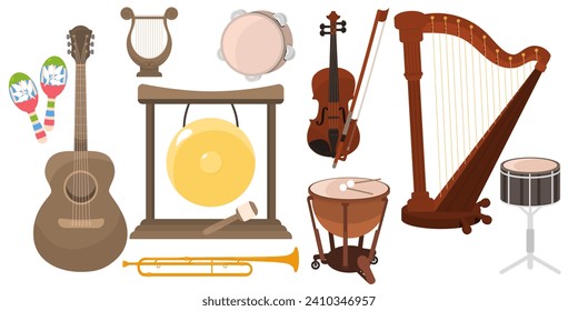 Set of classical symphonic musical instruments. Wind, string and percussion musical instruments. Classical music. Flat drawing style. Isolated on a white background.