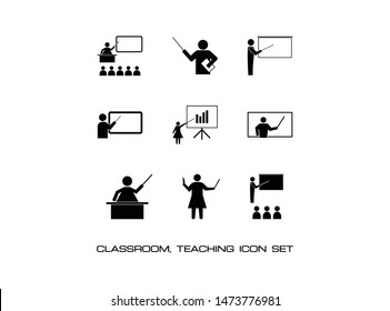 Set of Classroom Activity Icon. Consist of Nine Icon Image i.e. Teaching, Lecture, Speech, Learning, Presentation, explain on the board and more. Simple and Trendy Flat Isolated on White Background.